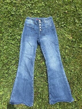 Lucky Brand Medium Blue High-Rise Flare Jeans with Button-Front